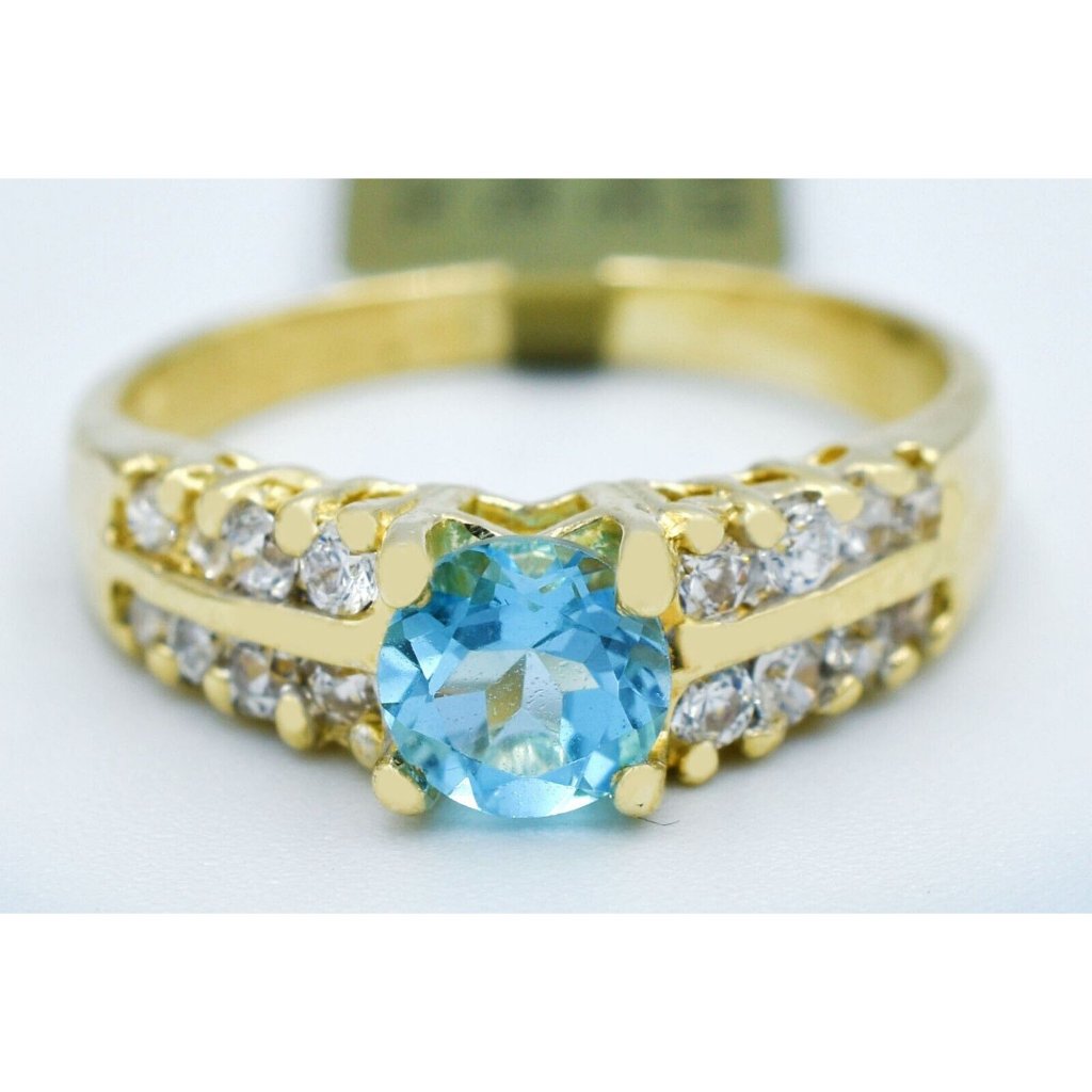 Natural 1.28 Cts Blue Topaz & White Sapphire Ring 14k Gold